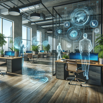 Ein futuristisches Büro in dem die digitale Aura der Mitarbeitenden sichtbar ist.