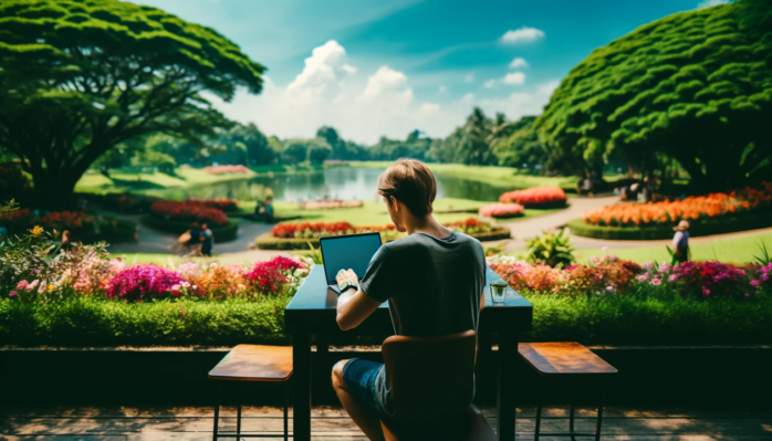 Person, die von hinten zu sehen ist, mit einem Laptop an einem Tisch in einem Park sitzt und arbeitet. Der Park zeigt sattes Grün, bunte Blumenbeete und einen kleinen See.